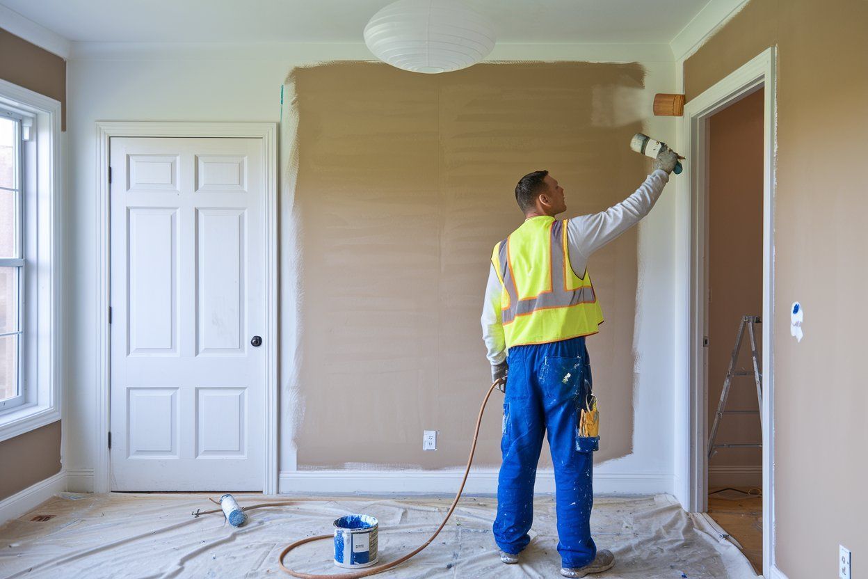 A man is painting a wall in a room with a sprayer.