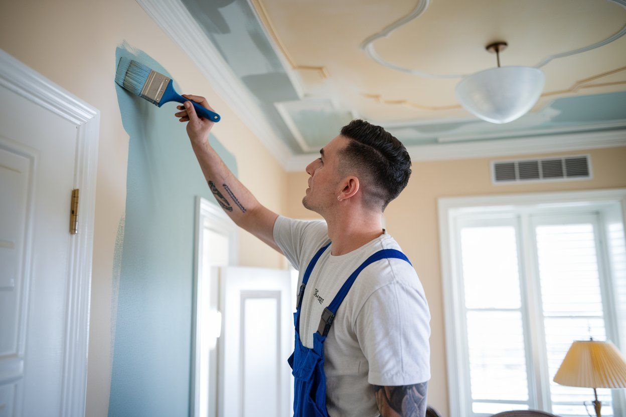 A man is painting a wall with a brush in a room.