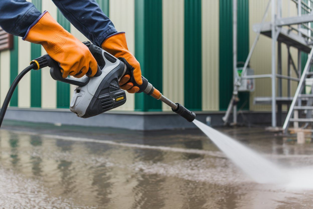 A person is using a high pressure washer to clean the ground.