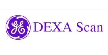 The ge dexa scan logo is purple and white on a white background.