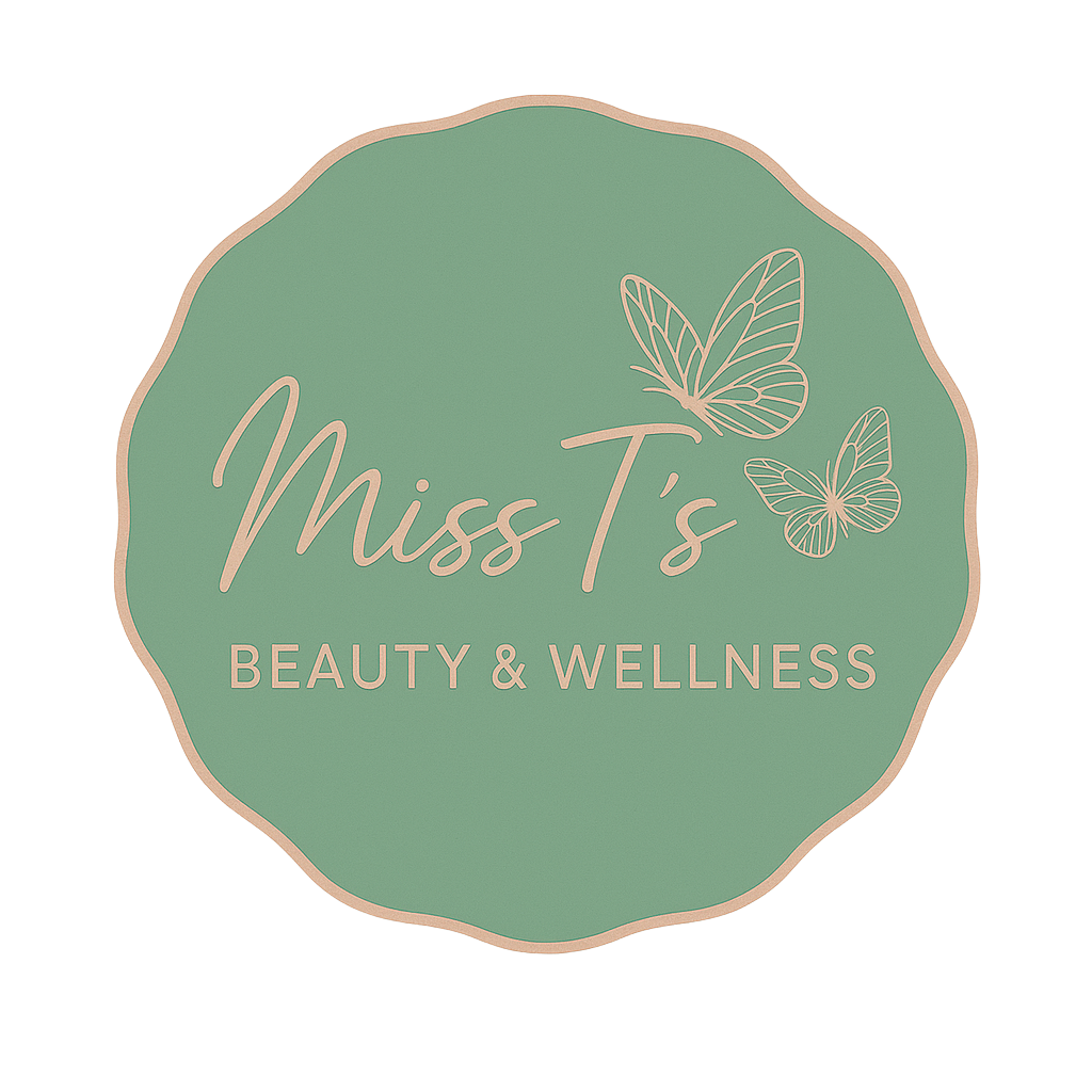 Logo: Mint green circle, scalloped edge, tan text 