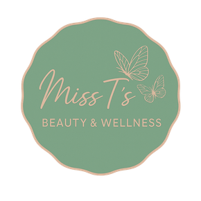 Logo for Miss T's Beauty Lounge in a teal circle with butterflies and text in beige.