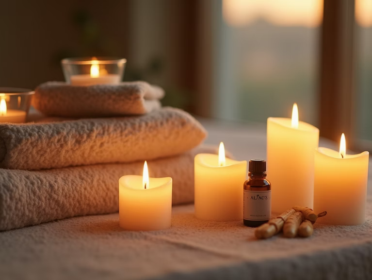 Candles and towels on a table, with essential oil and a blurred background, creating a relaxing spa atmosphere.