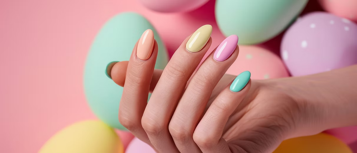 Hand with Easter egg-themed pastel nail polish. Eggs in background.