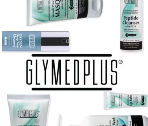 Glymed Plus skincare products displayed with the logo centered.