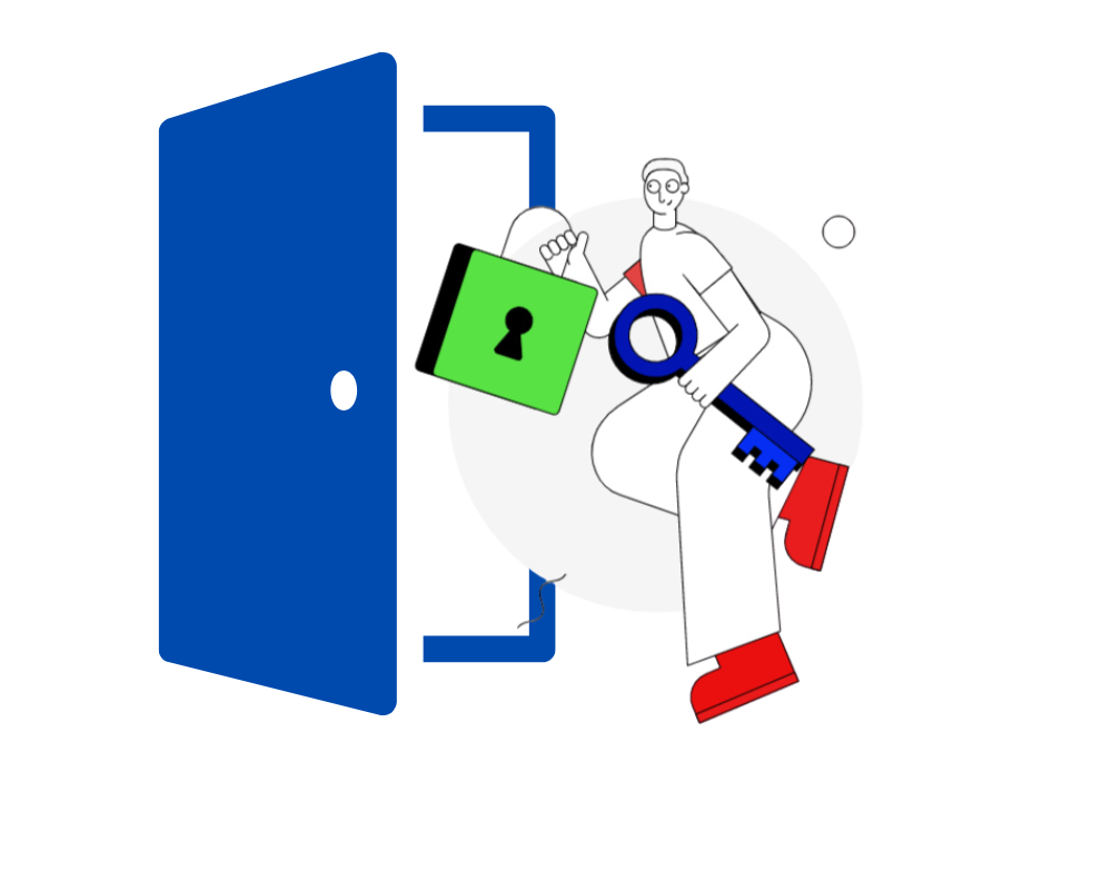 A man is holding a key and a padlock in front of a door.