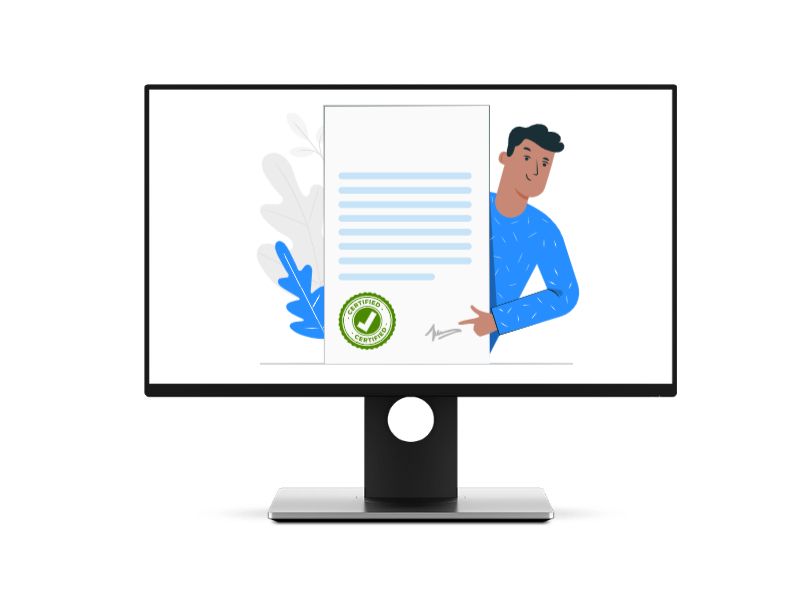 A man is pointing at a document on a computer screen.