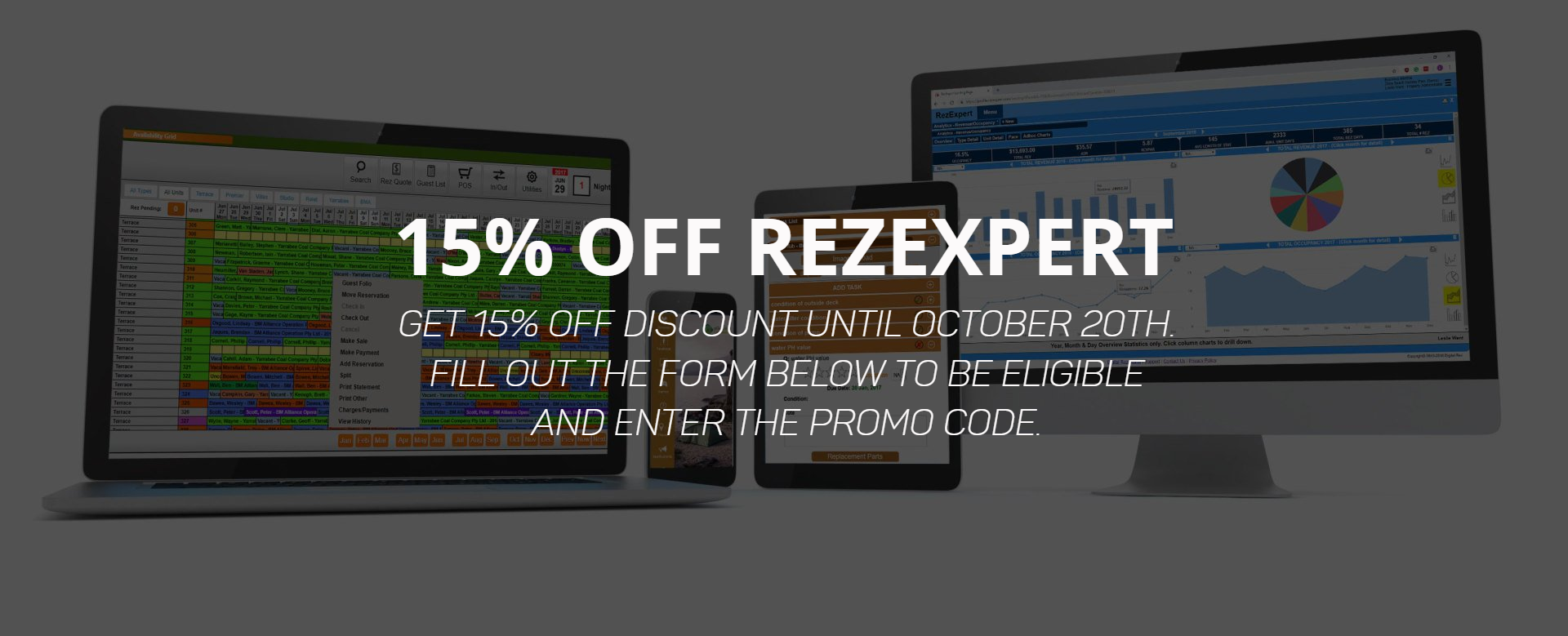 A computer monitor a tablet and a phone with the words 15 % off rezexpert