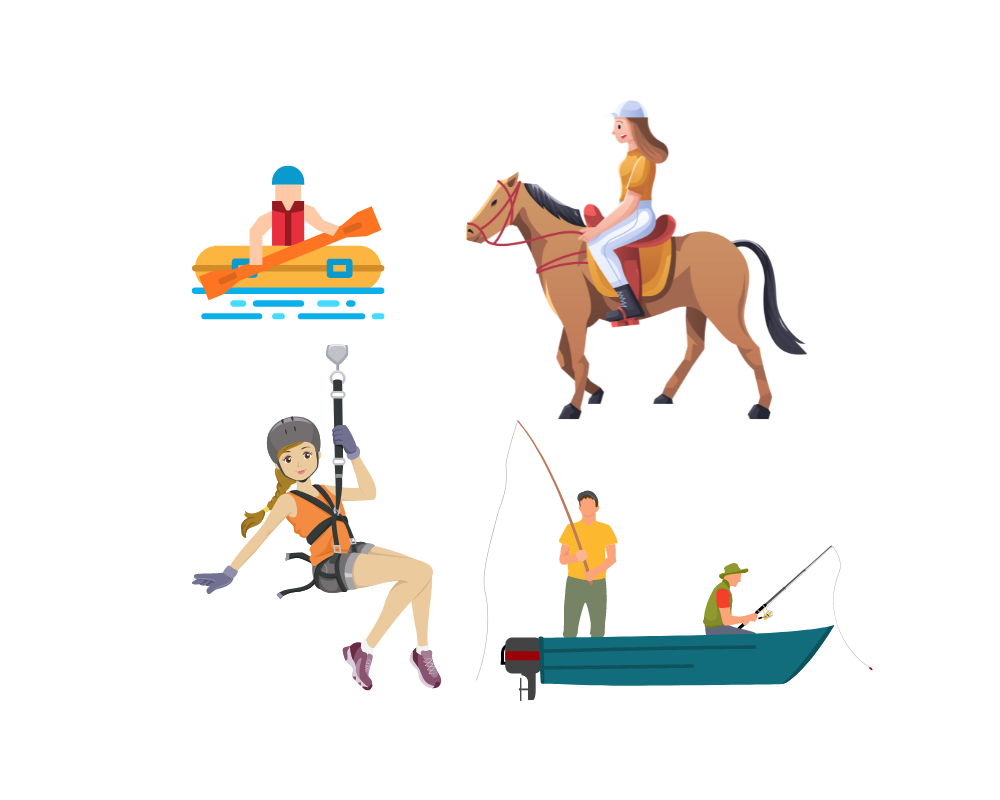 A woman is riding a horse and a man is fishing in a boat.