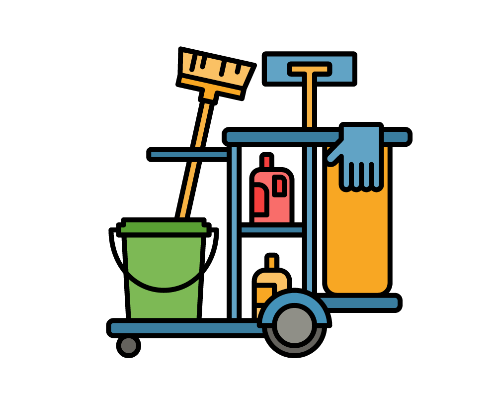 A cleaning cart with a bucket , mop , and gloves on it.