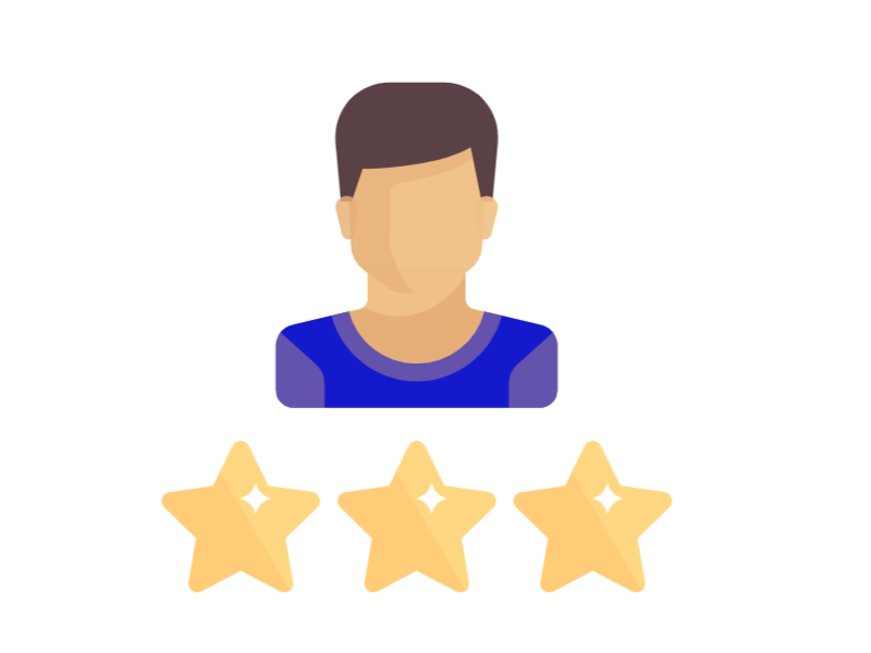 A man in a blue shirt is surrounded by three stars.