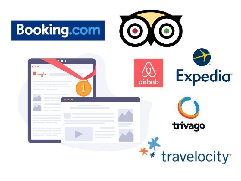 A collage of logos for booking.com , airbnb , expedia , travego , and travelcity.