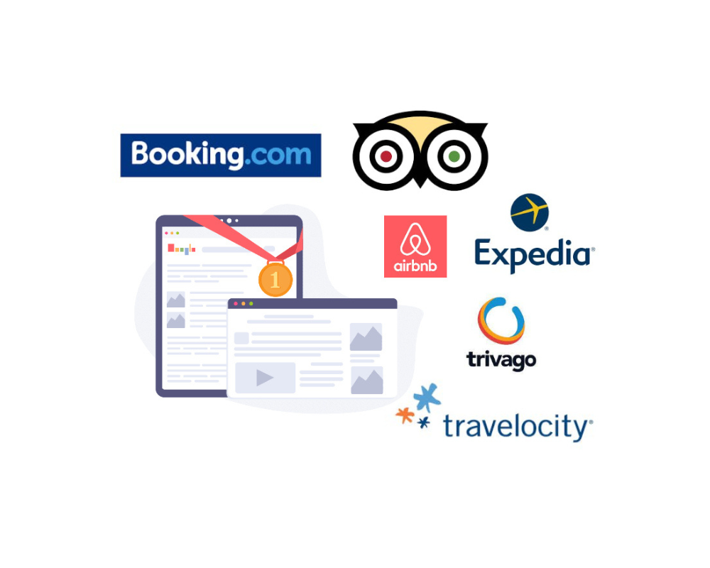 A group of logos including booking.com , tripadvisor , expedia , travego , and travelcity.