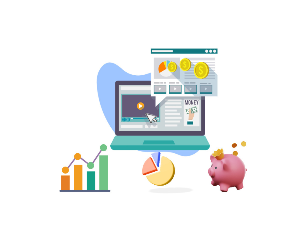 An illustration of a laptop , a piggy bank , a graph , and a speech bubble.