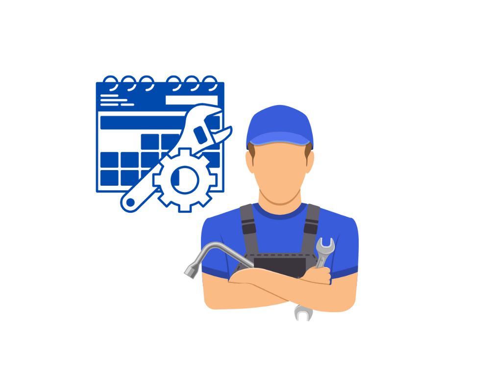 A man is holding a wrench in front of a calendar.