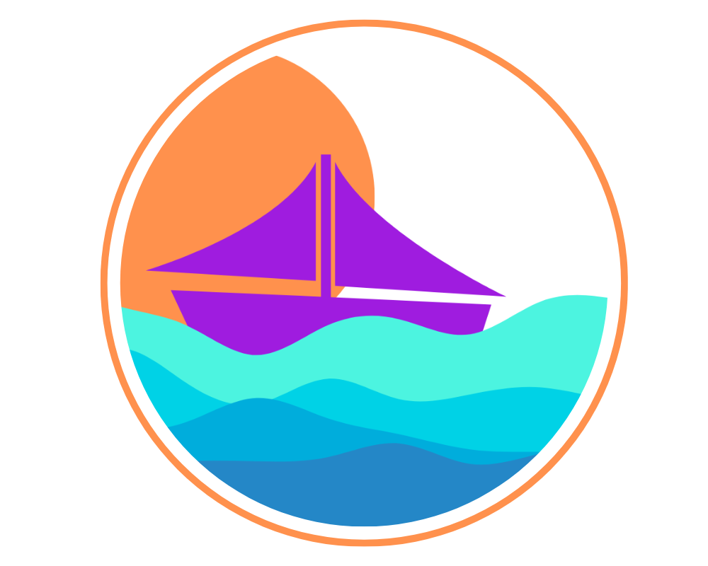 A purple sailboat is floating on top of a blue ocean.