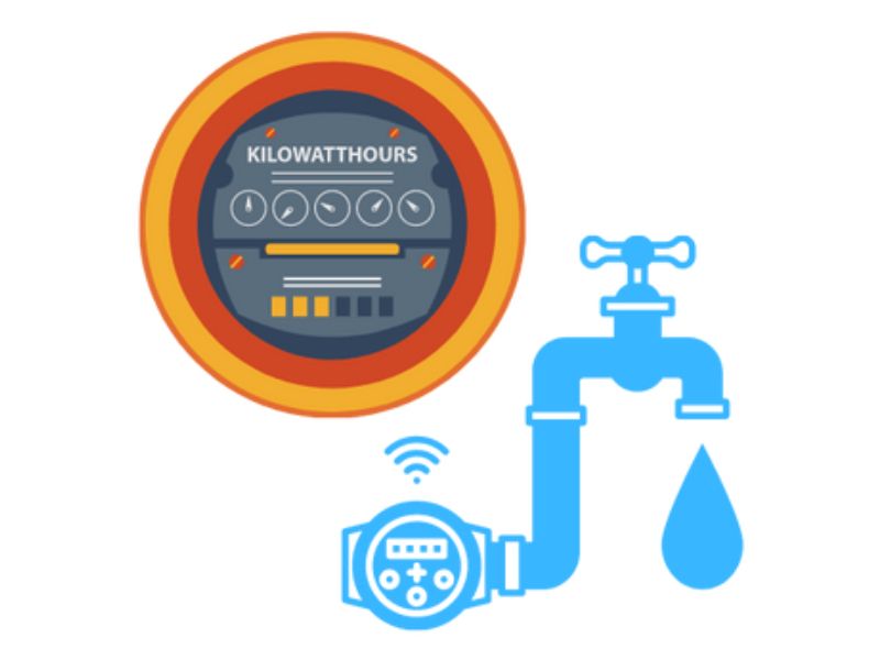 An illustration of a water meter with a faucet and a drop of water