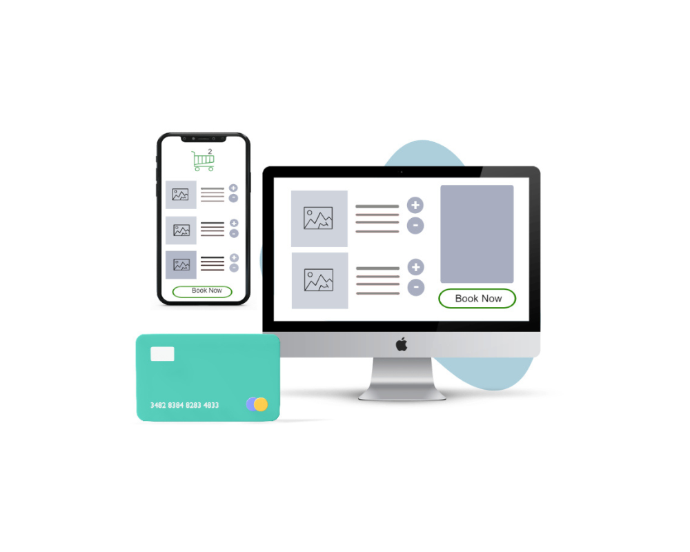 A computer , phone , and credit card on a white background.
