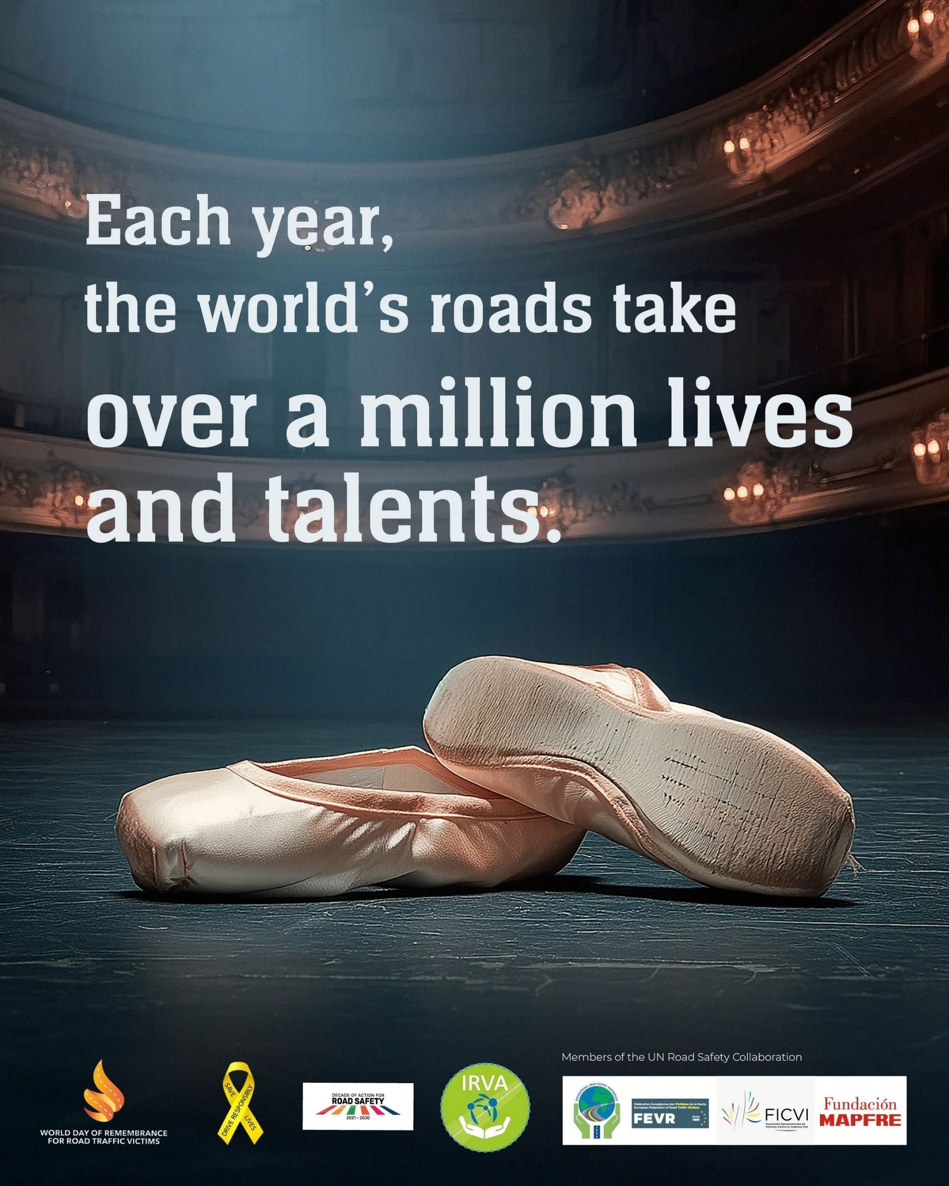 Pair of ballet shoes with text about lives lost on roads.