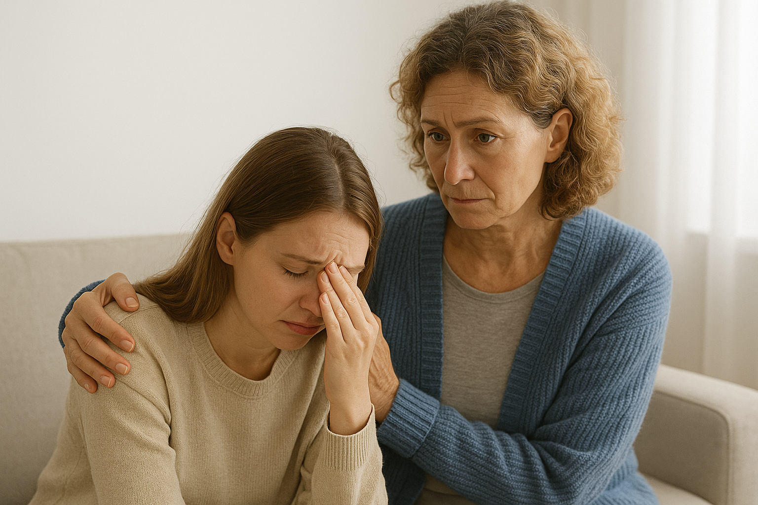 A woman is comforting a woman who is crying on a couch.
