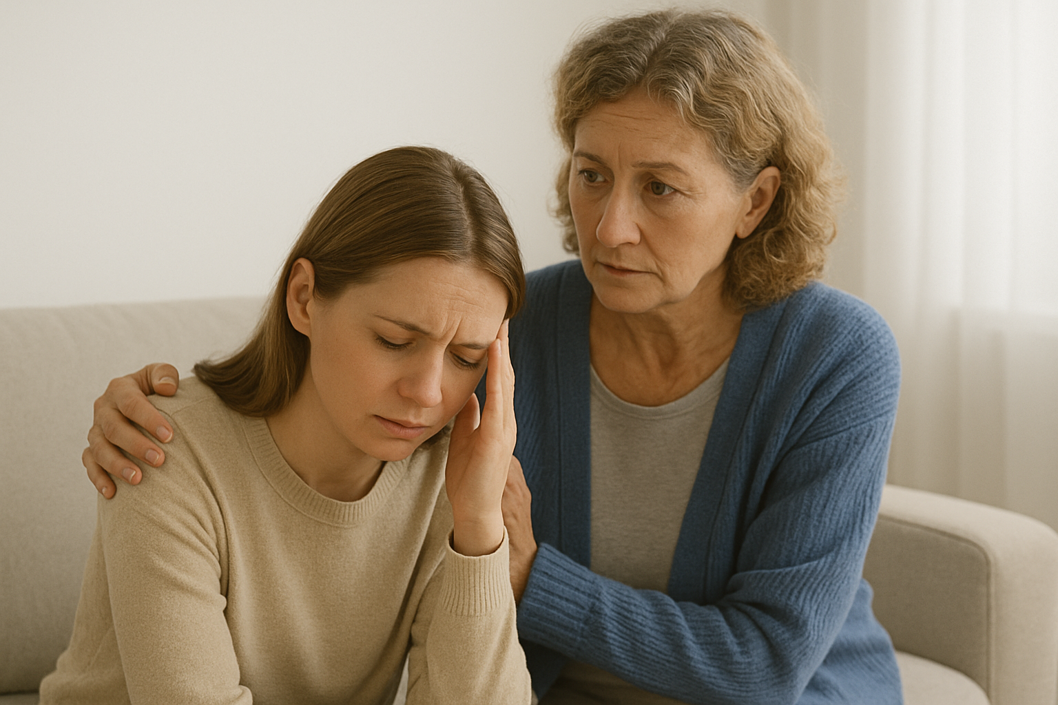 A woman is comforting another woman who is sitting on a couch.