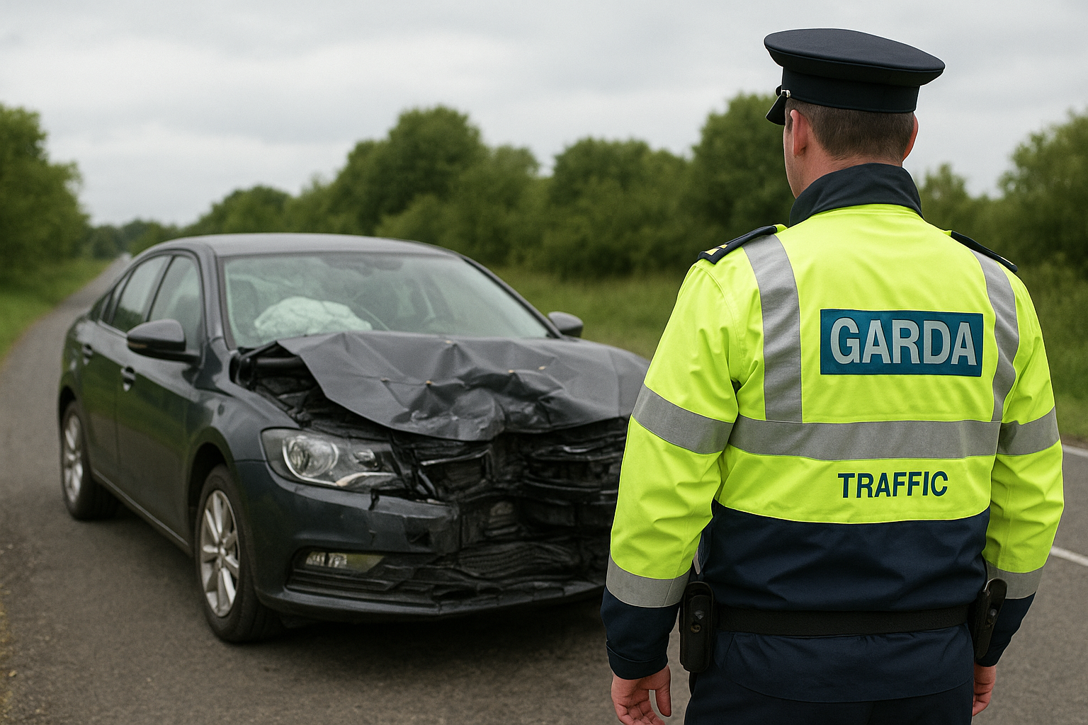 A garda officer is standing next to a damaged car on the side of the road.