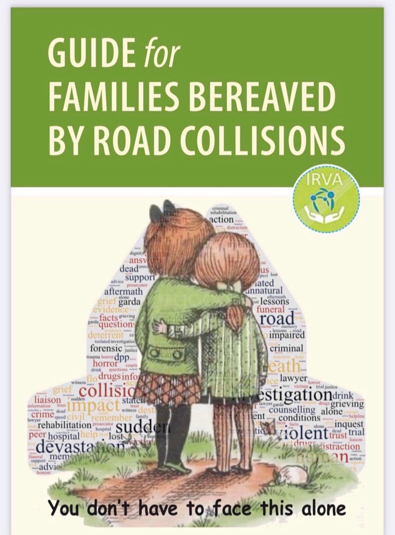 A guide for families bereaved by road collisions shows two children hugging each other.