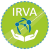 A logo for irva with two hands holding a globe