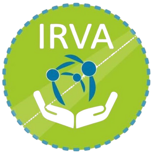 A logo for irva with two hands holding a globe