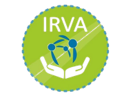 A logo for irva with two hands holding a globe