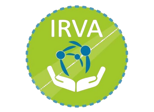 A logo for irva with two hands holding a globe