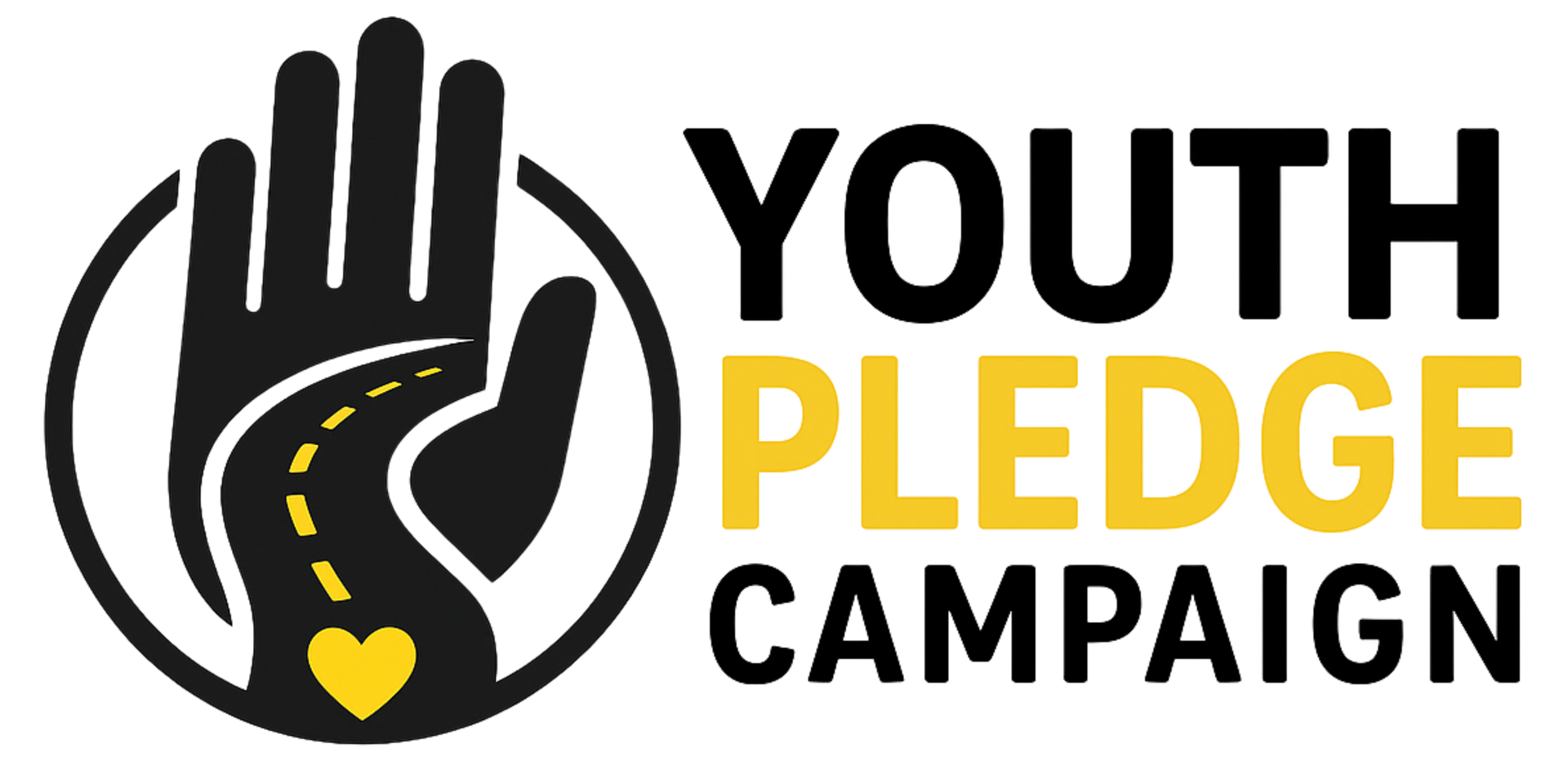 Logo for Youth Pledge Campaign: black hand with road and heart, text