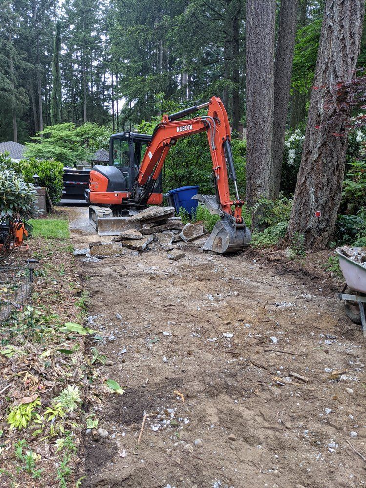 An excavator is sitting in the middle of a dirt field.