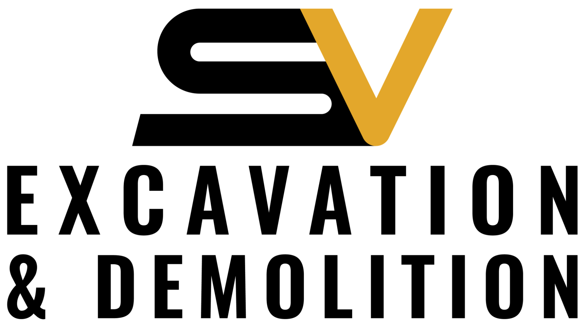 The logo for sv excavation and demolition is black and yellow.