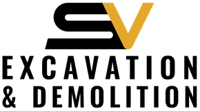 The logo for sv excavation and demolition is black and yellow.