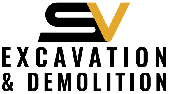 The logo for sv excavation and demolition is black and yellow.