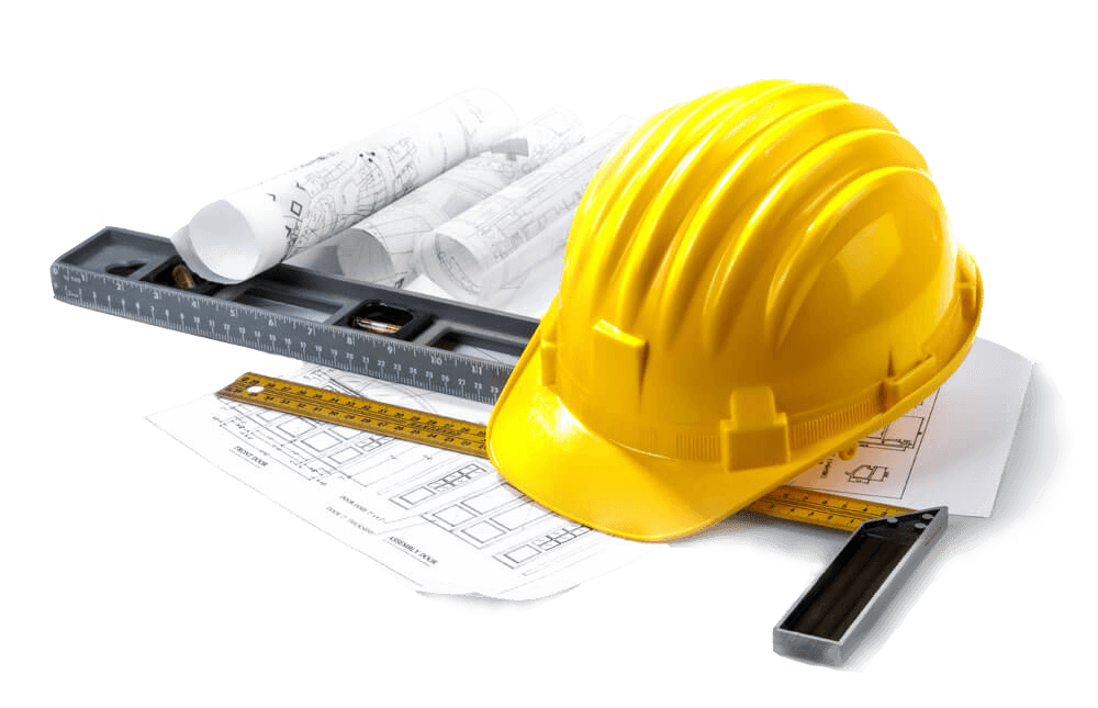 A yellow hard hat is sitting on top of a stack of blueprints.