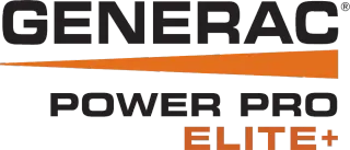 Logo Generac Power Pro Elite+ avec texte noir et bande orange.