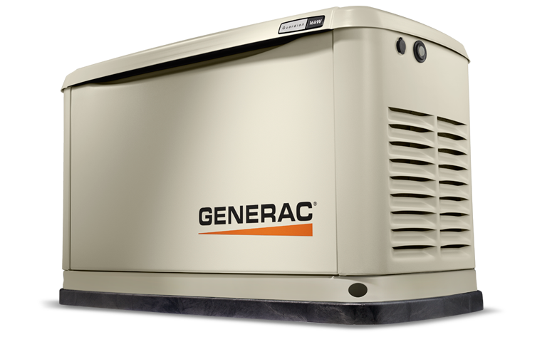 Tan Generac home standby generator with black base and orange logo.