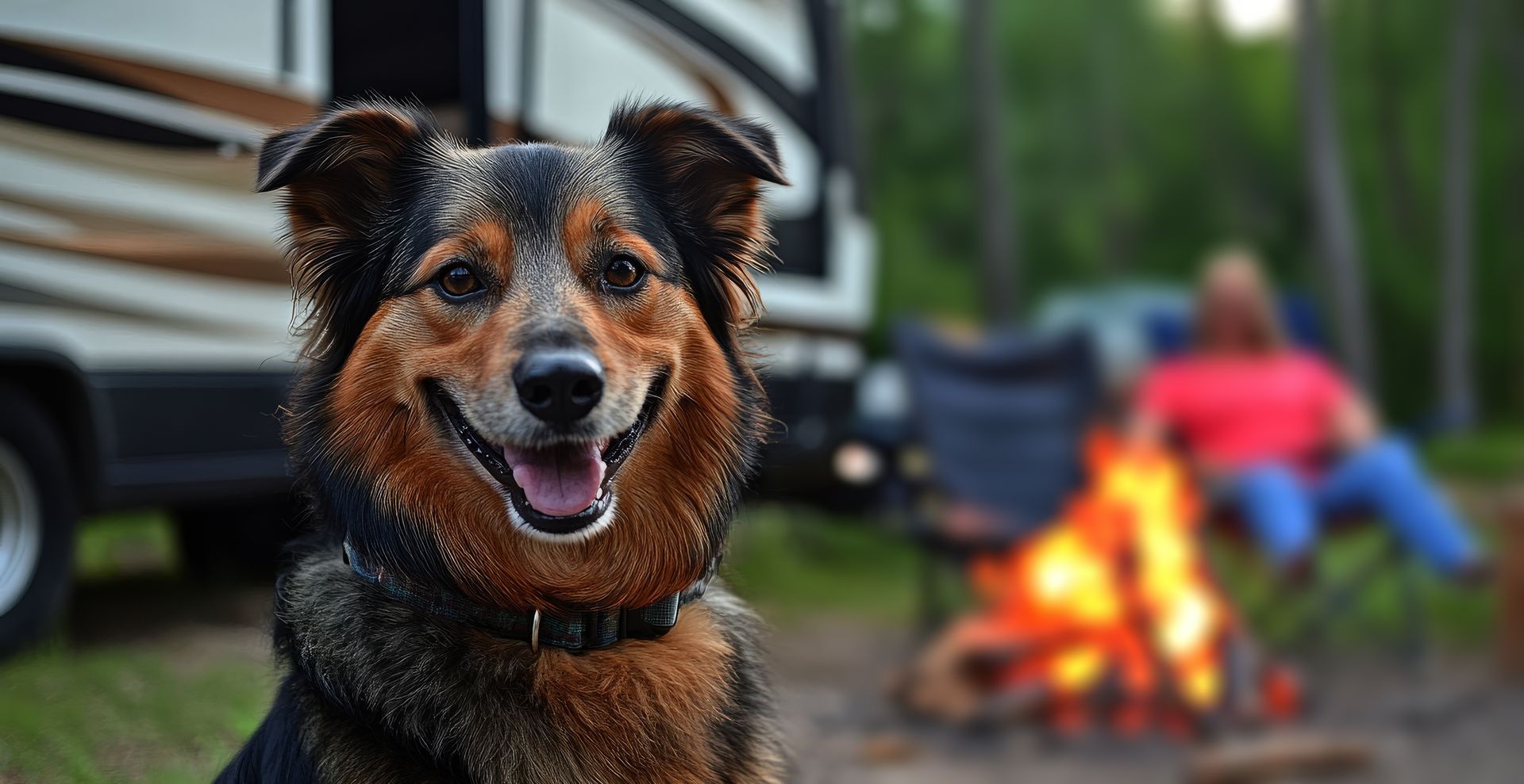 A happy dog sits in the foreground at a campsite, with a blurred campfire and RV in the background.