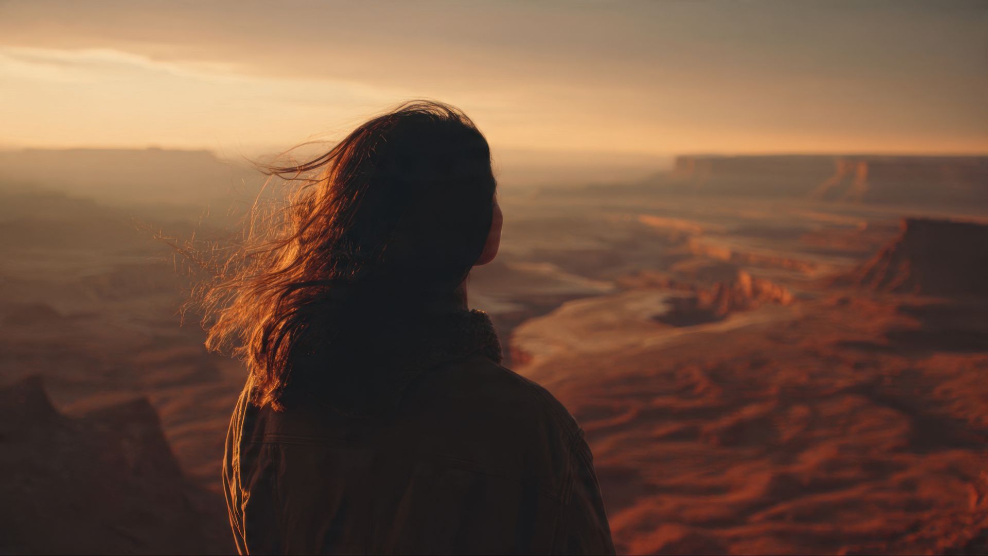 A person with wind-blown hair stands silhouetted against a vast, sunlit canyon landscape at sunset.
