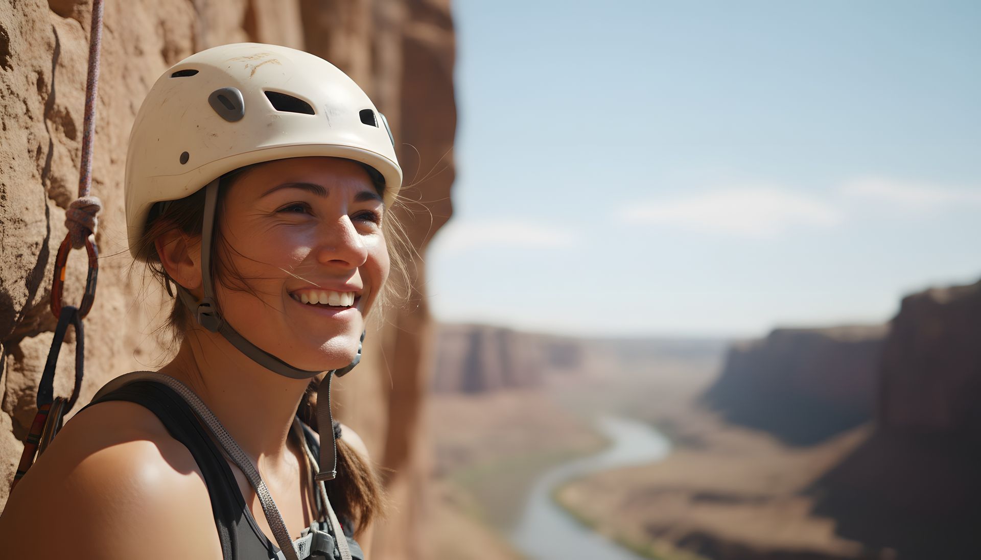 A smiling climber wearing a white helmet stands against a desert cliff overlooking a winding river canyon.