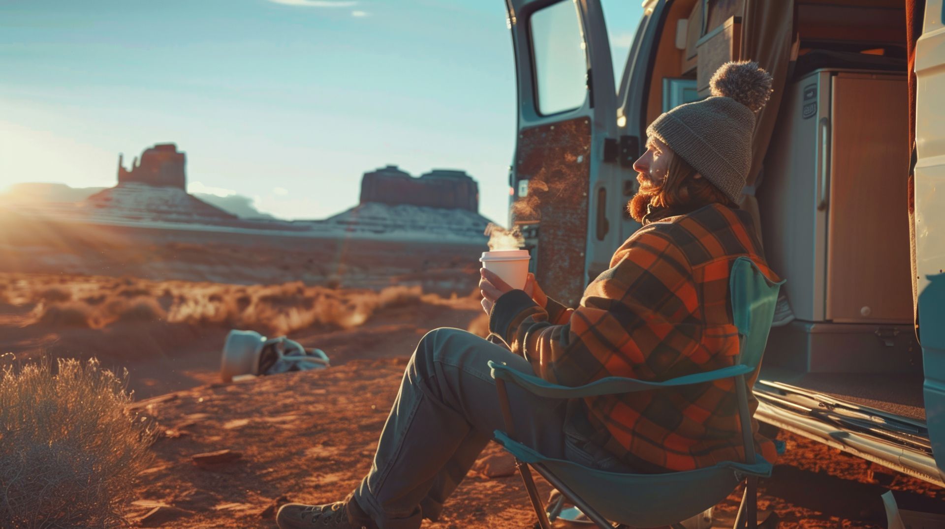 A person in a beanie and flannel shirt sits in a folding chair by a van, holding a steaming mug in a desert landscape.