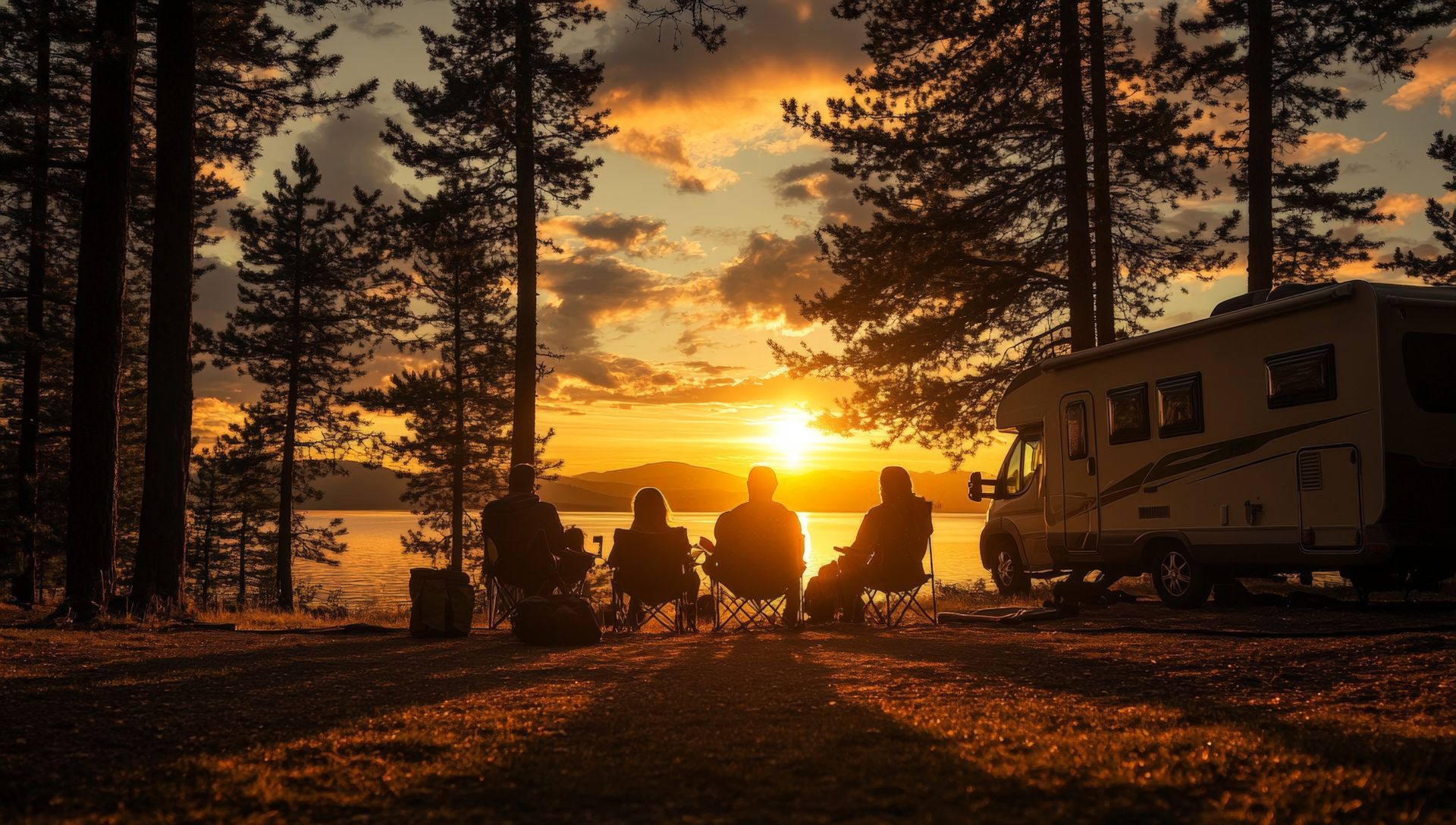 Four people sit in camping chairs facing a lake at sunset, with a motorhome parked nearby among silhouetted pine trees.