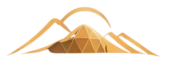 Logo of mountains with a golden geometric pyramid, and a curve overhead.