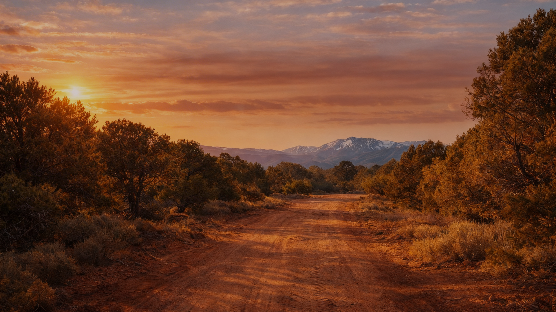 A dirt path leads through a landscape of trees and shrubs toward snow-capped mountains under a warm, golden sunset.
