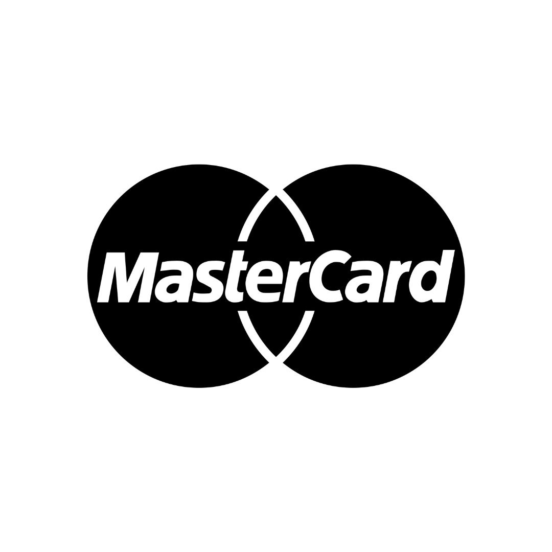 The mastercard logo is black and white on a white background.