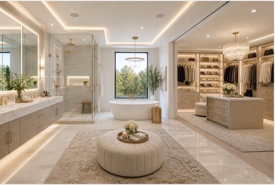 Bright luxury dressing room with white counters, central ottoman, mirrors, and walk-in closets
