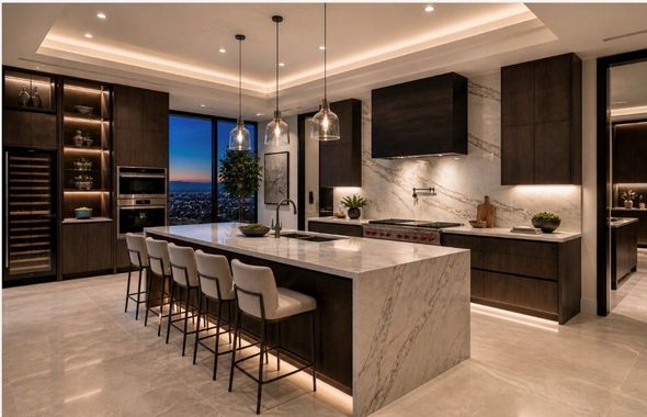 Modern luxury kitchen with marble island, bar stools, dark cabinets, and city view at dusk
