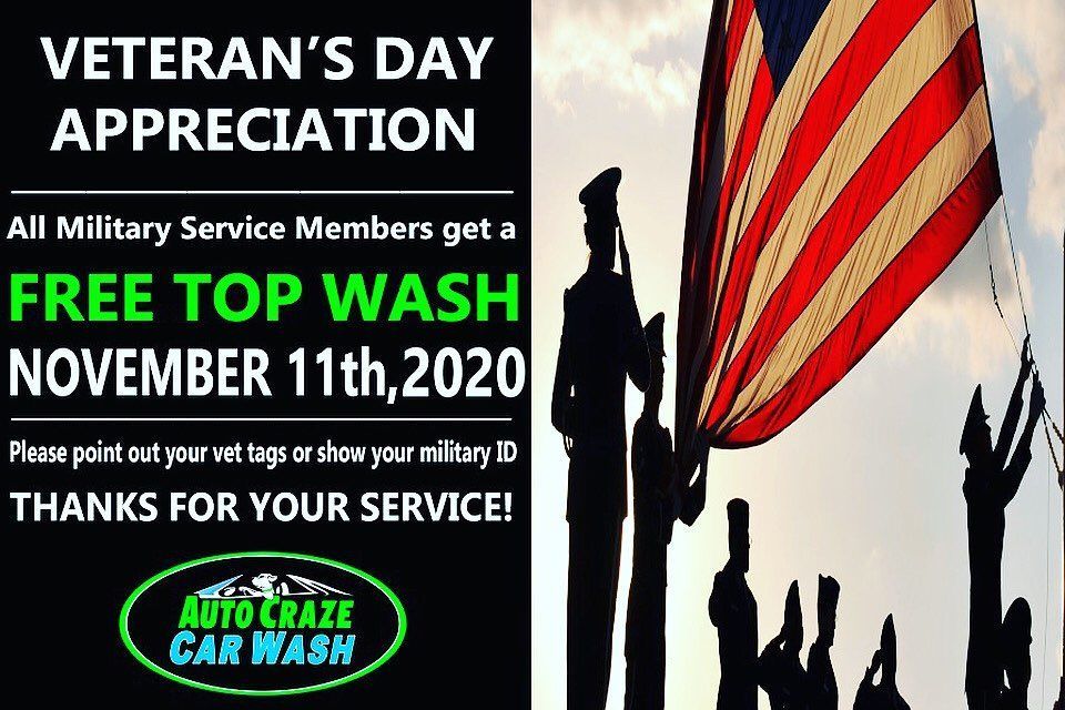 Veteran's Day car wash promotion. Free top wash for military members on November 11th, 2020.